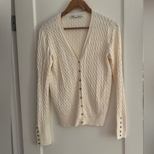 White Zara V Neck Long Sleeve Cardigan